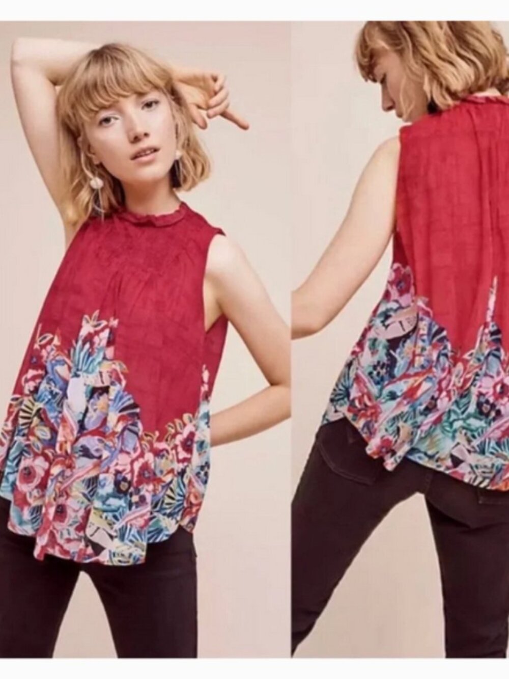 Deletta Red Bird Print Top Sz S
